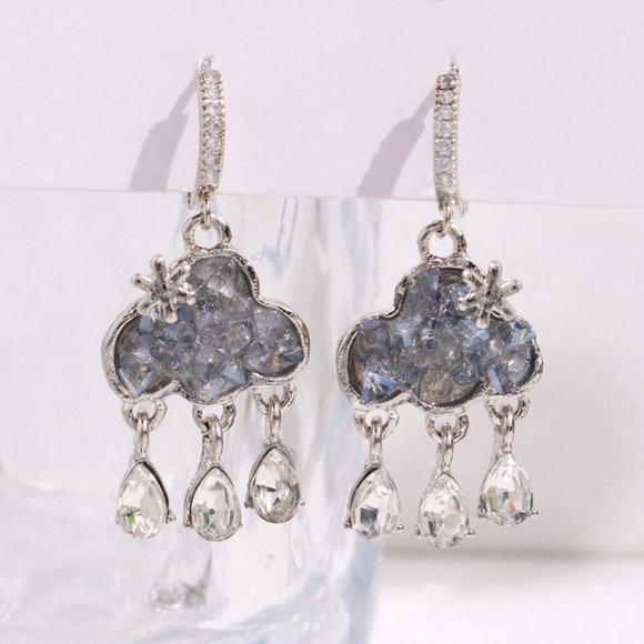Dainty Silver Tone Rhinestone Clouds Huggie Earrings - Picture 5 of 5